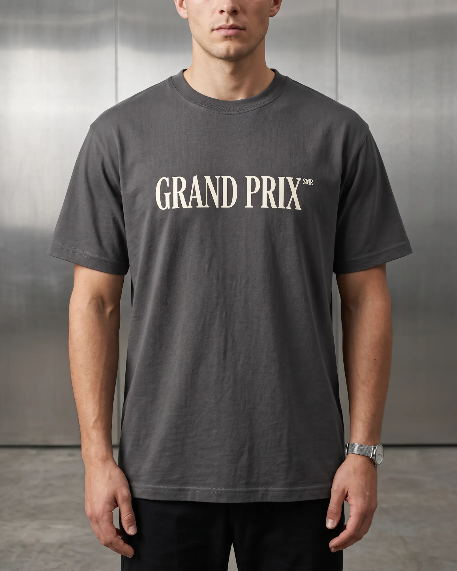 SMR Brand Grand Prix Tee graphite worn by a model
