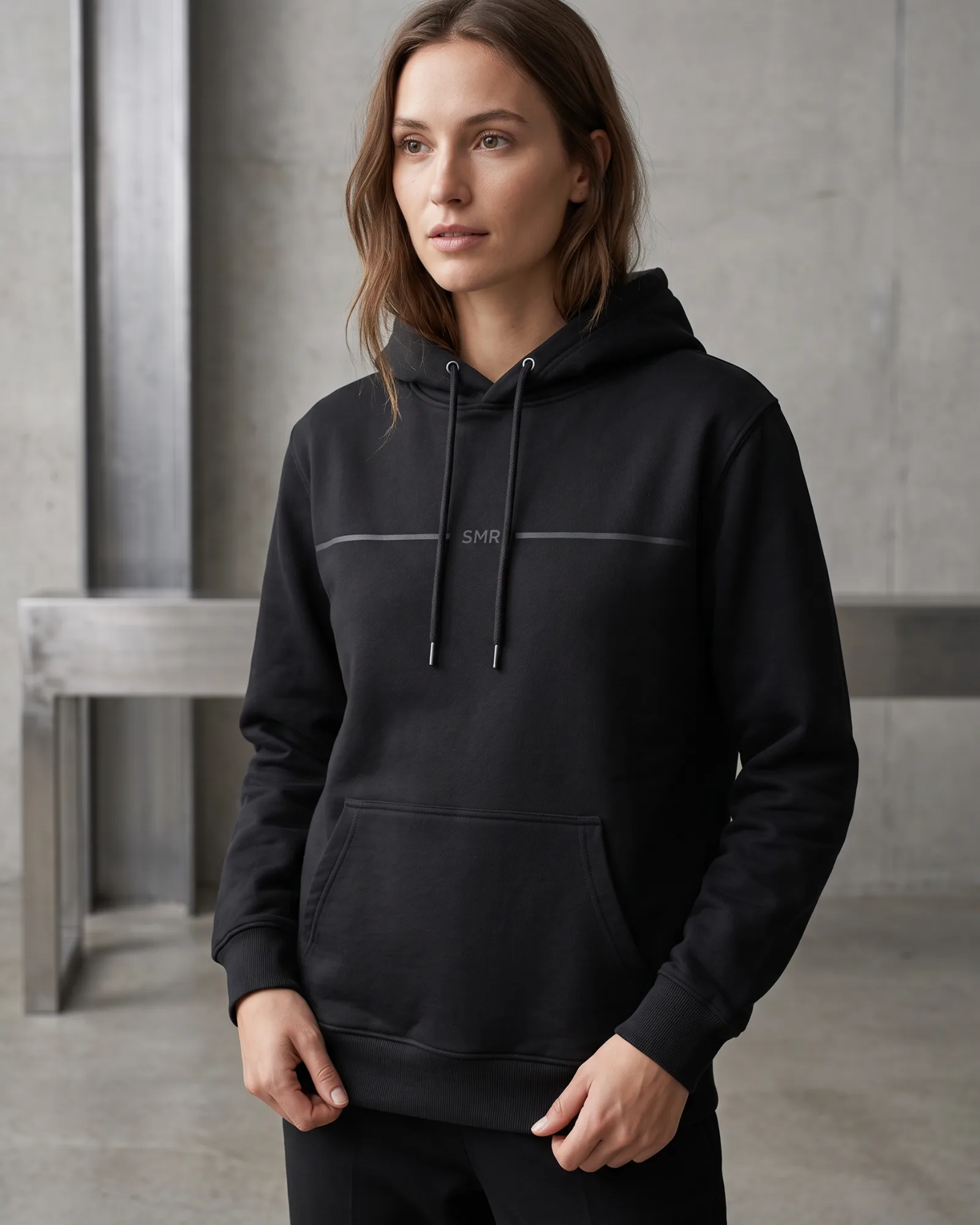 SMR Brand Meridian Hood black worn by a model