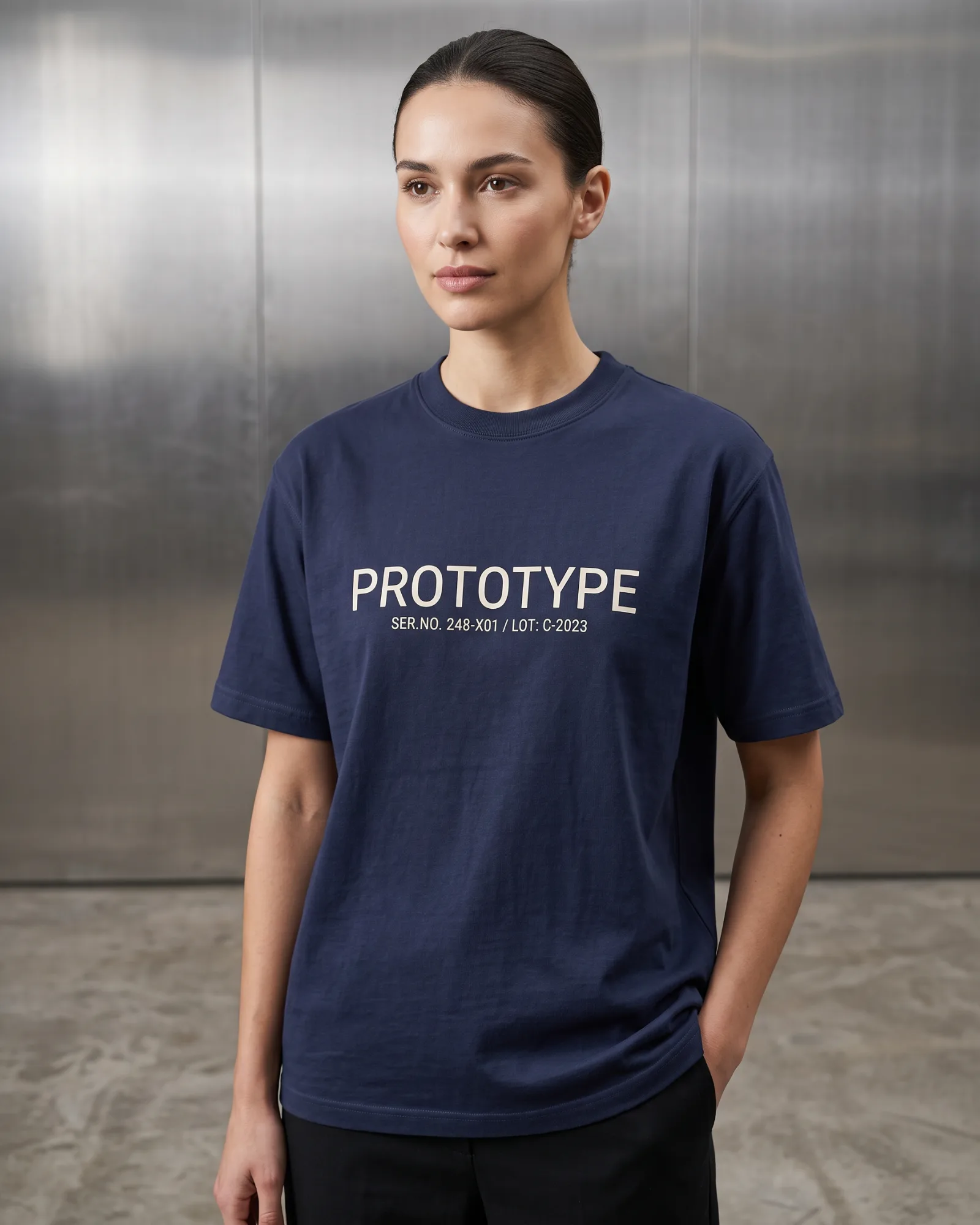 SMR Brand Prototype Tee navy worn by a model